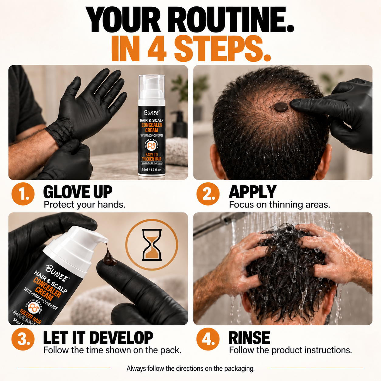 English four-step routine: put on gloves, apply where coverage is needed, follow the timing on the pack, then rinse.