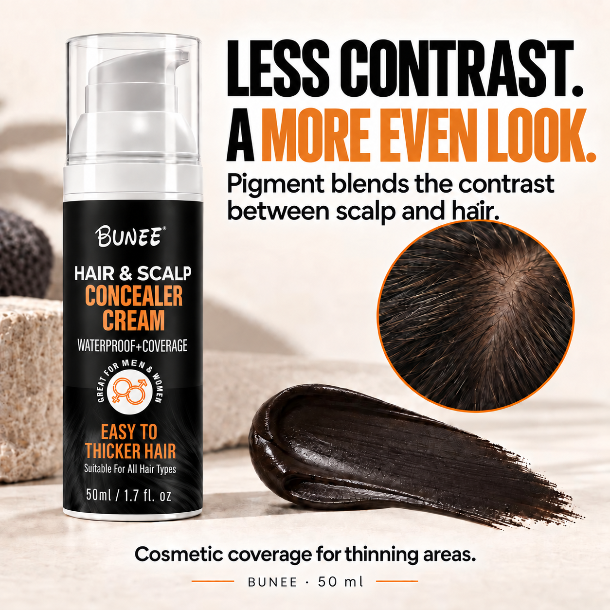 BUNEE graphic explaining in English how pigment blends scalp-to-hair contrast, with close-ups of the cream and a thinning area.