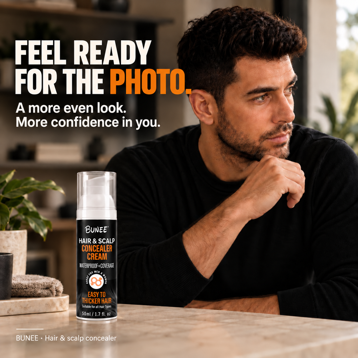 Man seated at a table beside BUNEE concealer, with English text about feeling ready for photos.